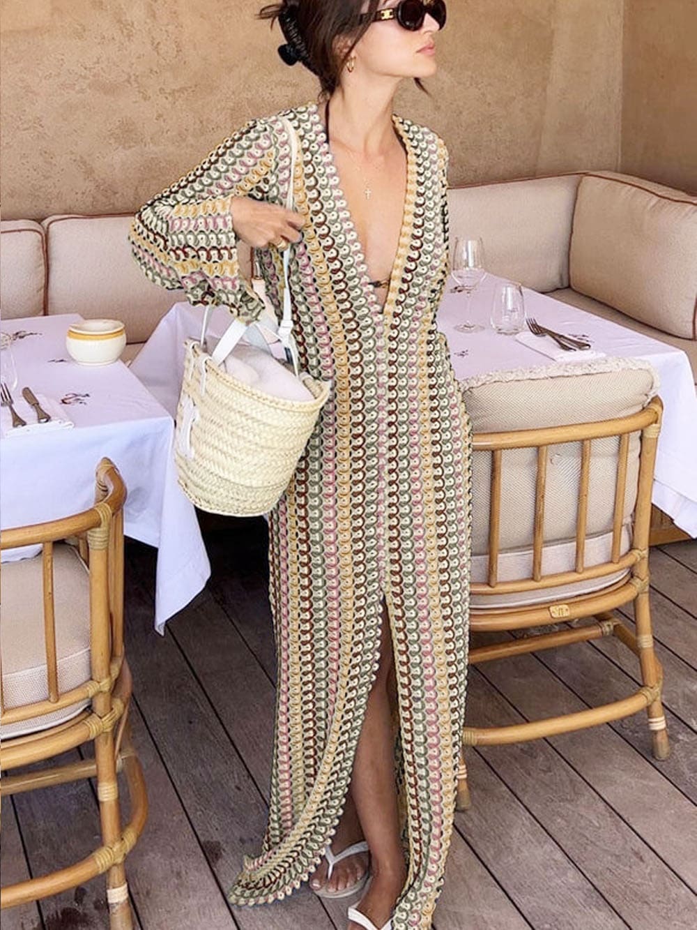 Boho V-Ausschnitt Glockenärmel Wellenförmig Gestreift Häkel Strandurlaub Maxikleid – Braun