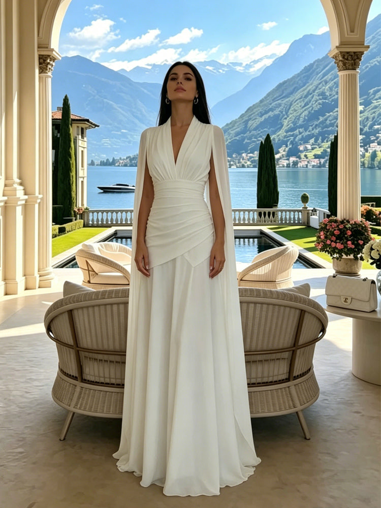 White Cape Sleeve Pleated Gown