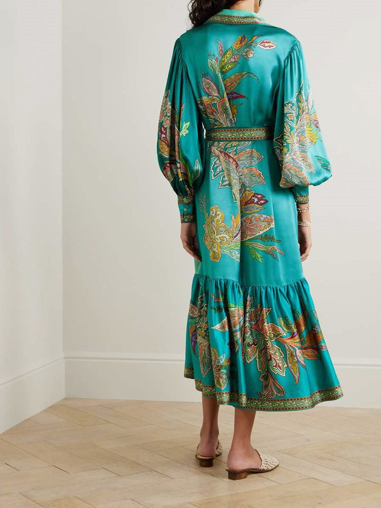 Kleid mit Reverskragen, Vintage-Print und Laternenärmeln