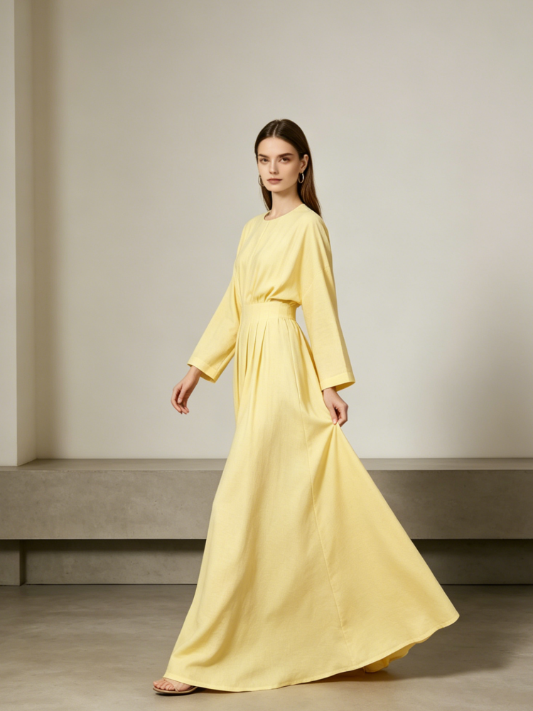 Linen Batwing Maxi Dress With Belt