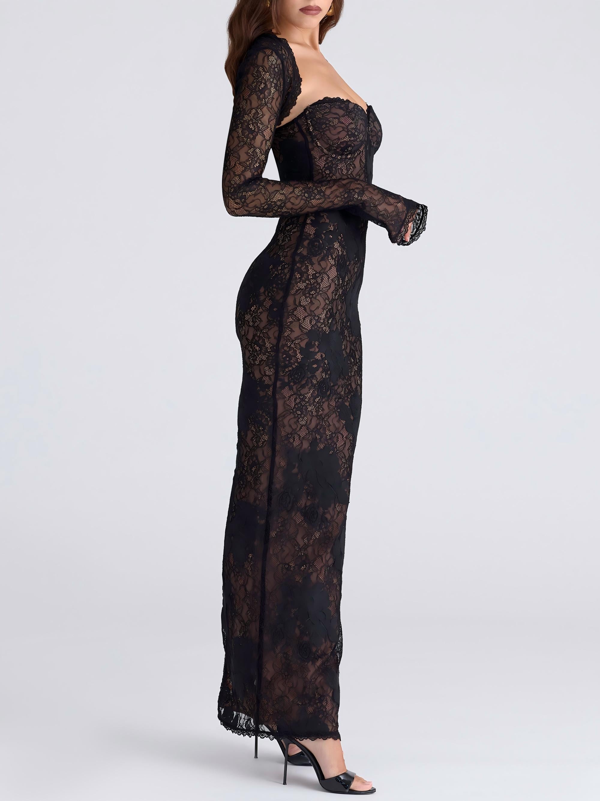 Schwarzes Stretch-Spitzen-Maxikleid mit Korsagenoberteil