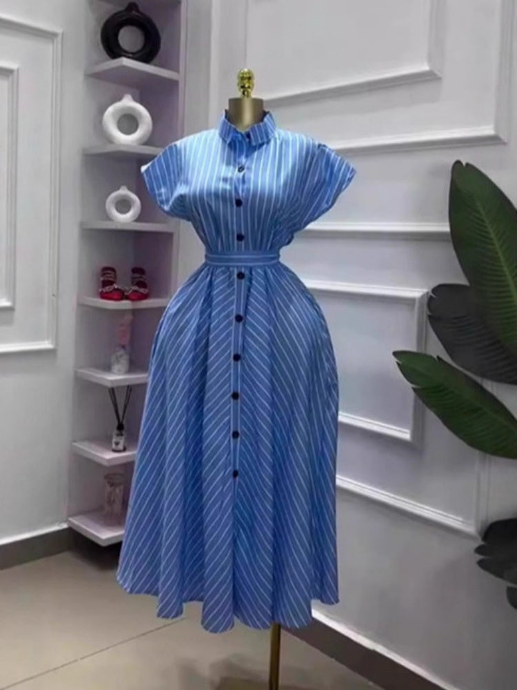 Gestreiftes Hemdkragen-Knopf-Midikleid
