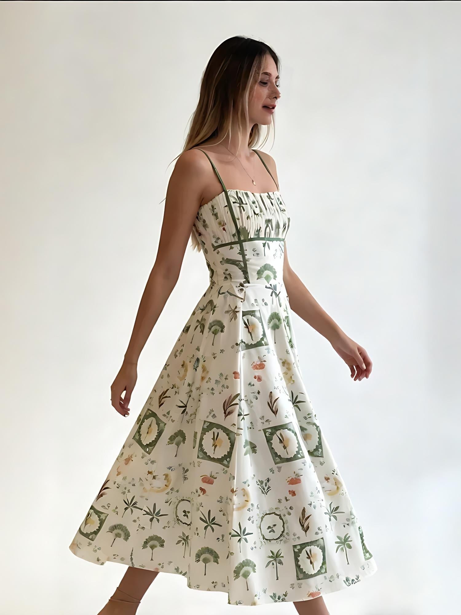 Green Botanical Print Smocked Midi Dress