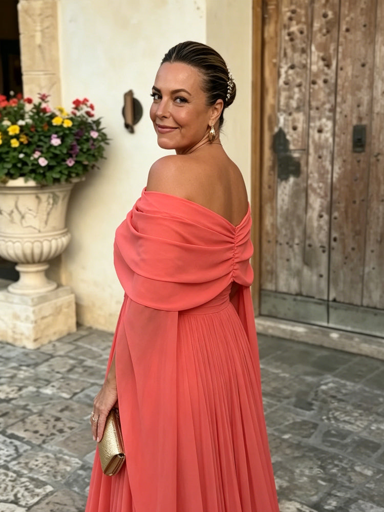 Off-Shoulder Chiffon Cape Sleeve Gown