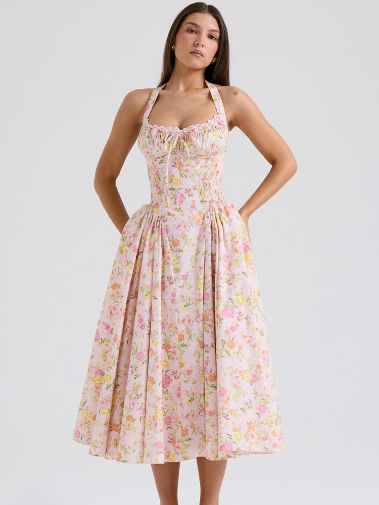 Rosa Wiesen-Print Rückenfreies Midi-Trägerkleid