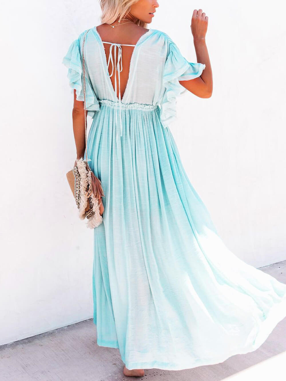 Knopf Baumwoll Leinen Perfektes Strand Boho Maxikleid
