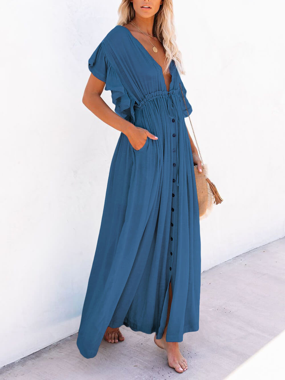 Knopf Baumwoll Leinen Perfektes Strand Boho Maxikleid