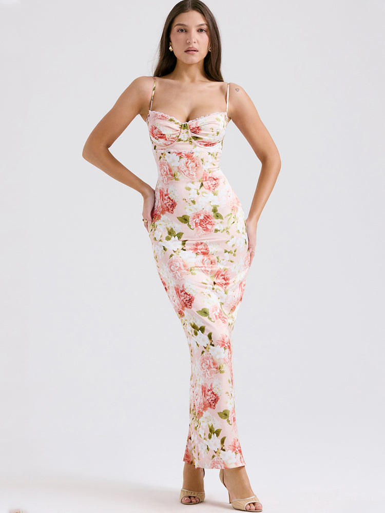 Pinkes Satin-Maxikleid mit Pfingstrosenmuster