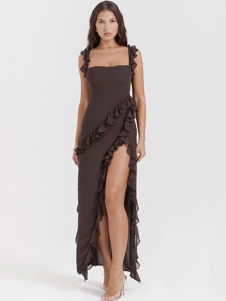 Gerüschtes langes Maxi-Slip-Kleid – Kaffee