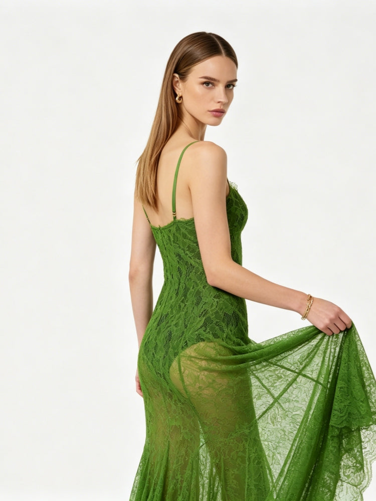 Grünes, durchsichtiges Spitzen-Fischschwanzkleid