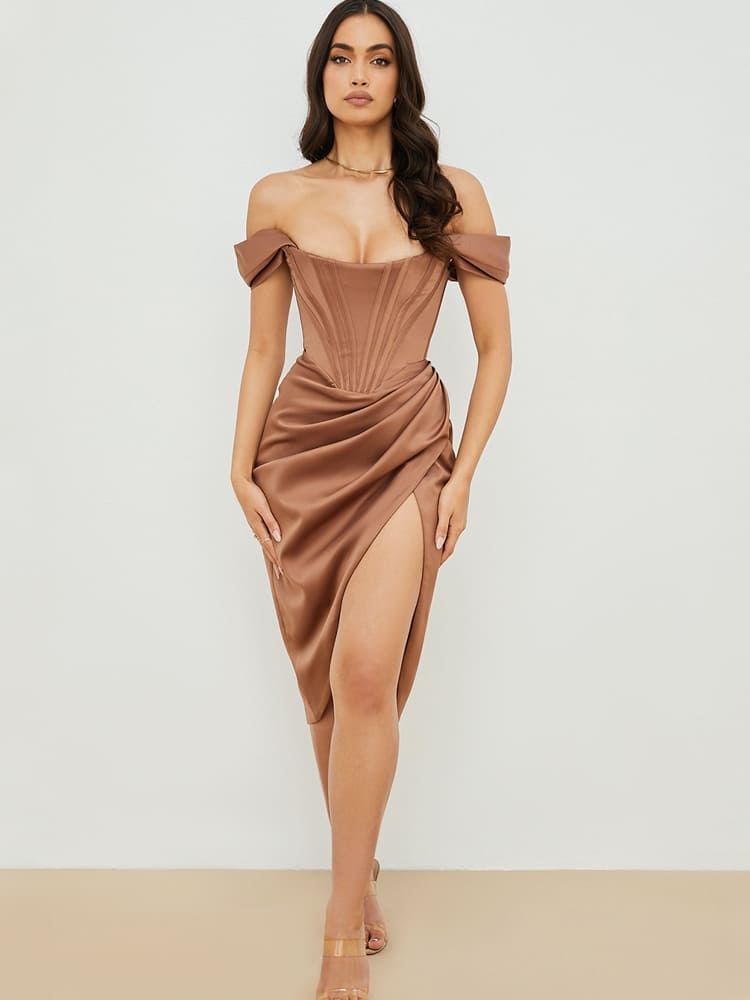 Schulterkorsett-Bodycon-Midikleid mit Kappenärmeln – Toffeebraun
