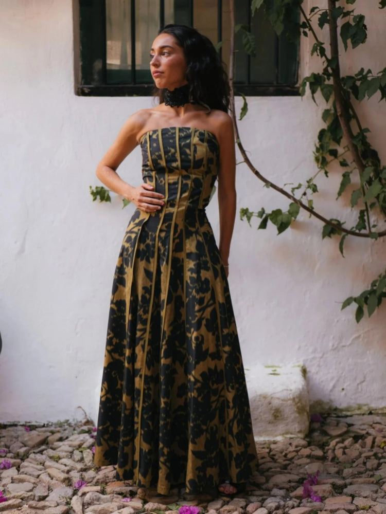 Trägerloses Maxikleid mit Vintage-Print