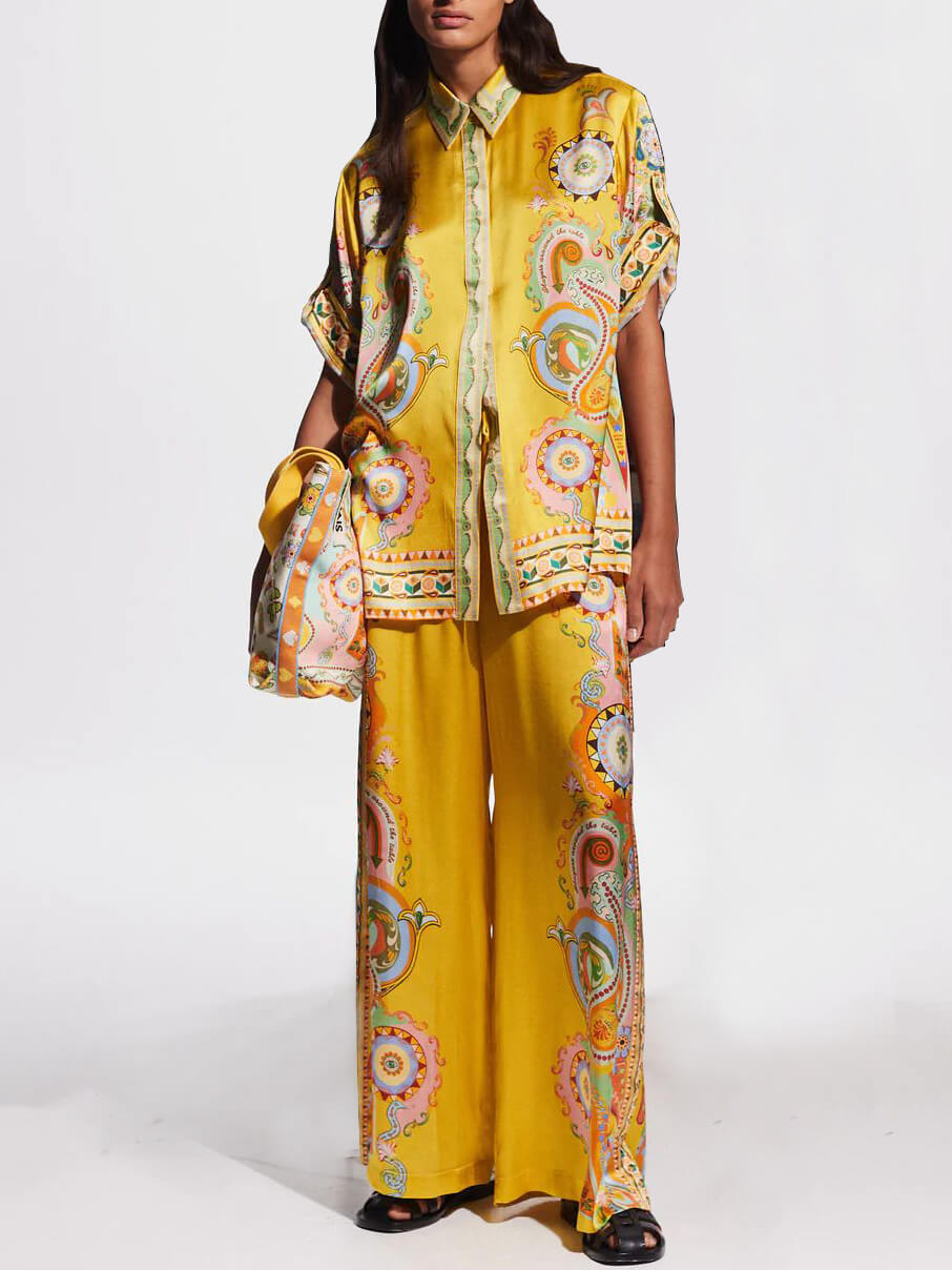 Edles Satin-Set mit einzigartigem Kaschmirmuster und Oversized-Knöpfen (Zweiteiler)