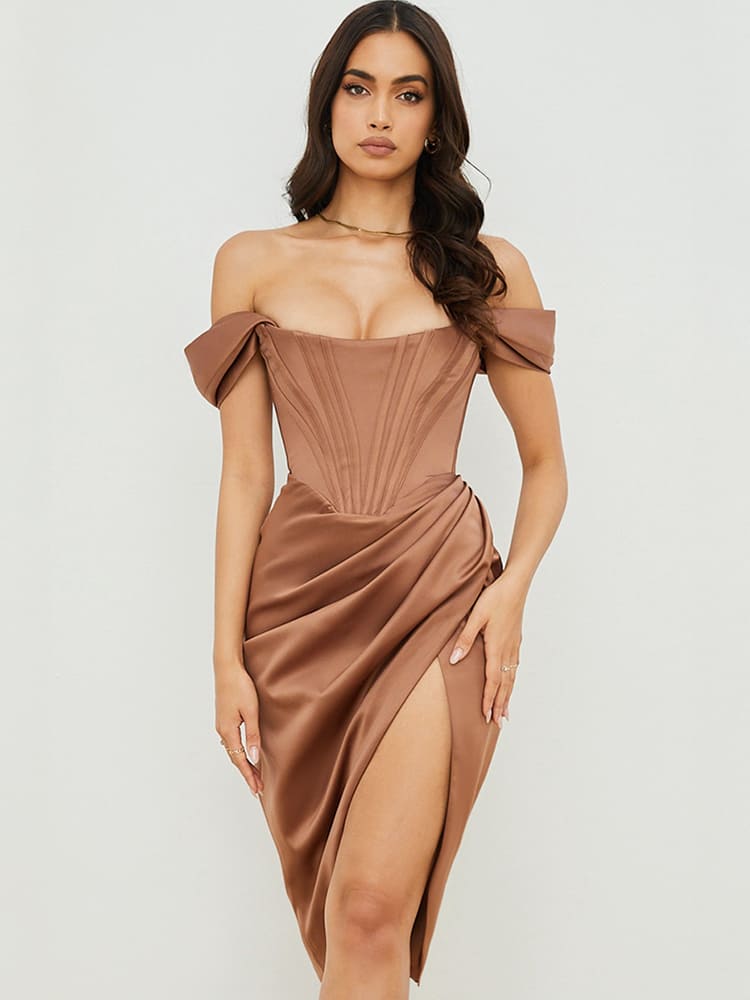 Schulterkorsett-Bodycon-Midikleid mit Kappenärmeln – Toffeebraun