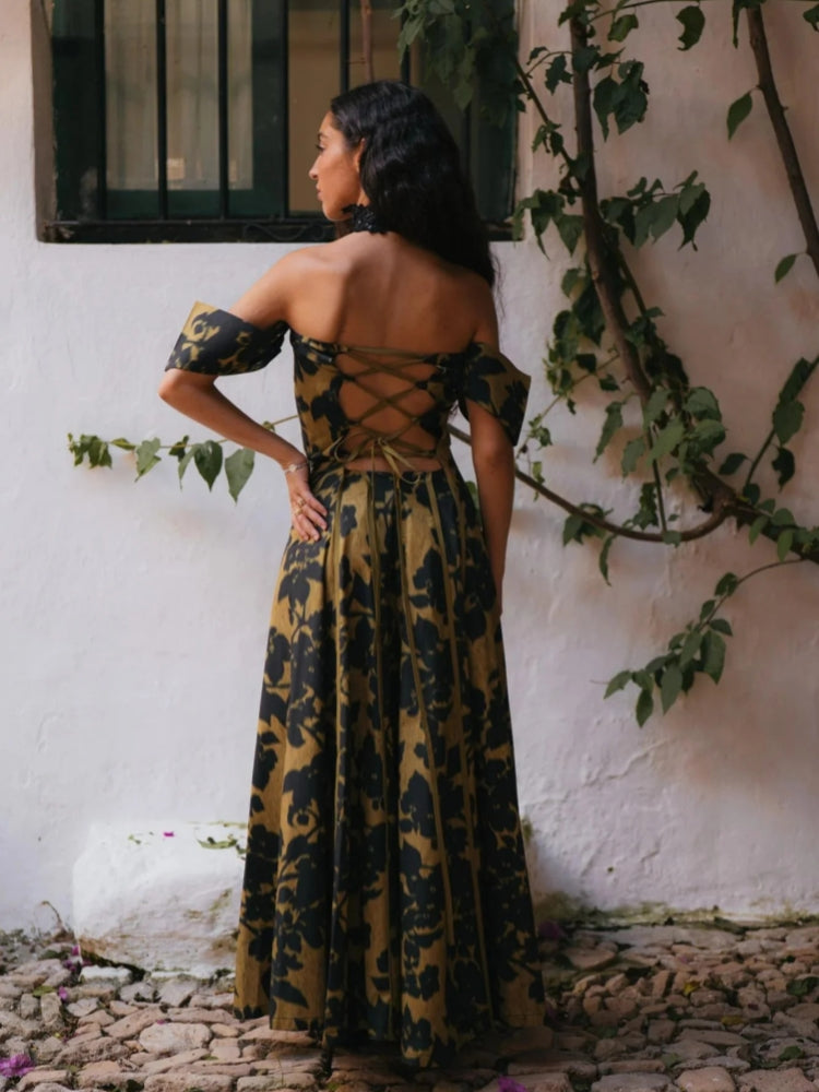 Trägerloses Maxikleid mit Vintage-Print