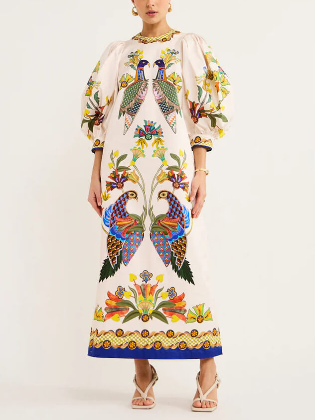 Exquisites und lustiges bedrucktes Midi-Kleid mit Puffärmeln und lockerem Schnitt