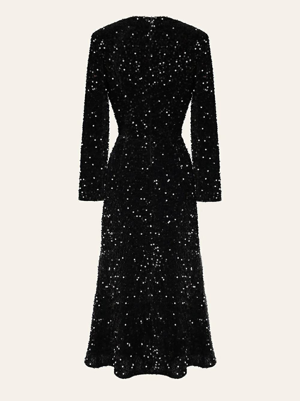 Paillettenbesetztes Samt-Midikleid in Schwarz