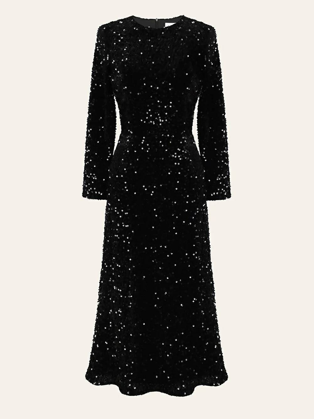 Paillettenbesetztes Samt-Midikleid in Schwarz