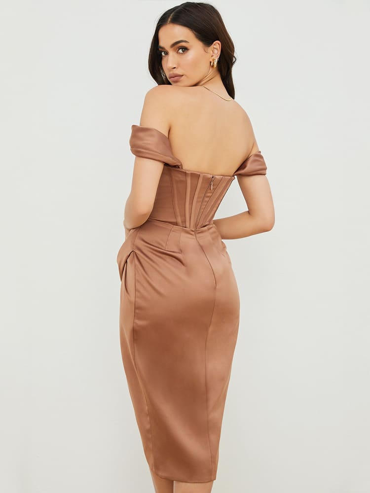 Schulterkorsett-Bodycon-Midikleid mit Kappenärmeln – Toffeebraun