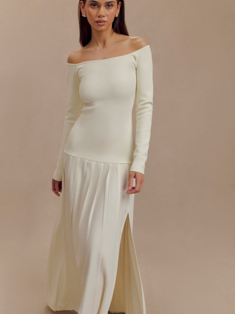 Gestricktes schulterfreies Maxikleid – Elfenbein