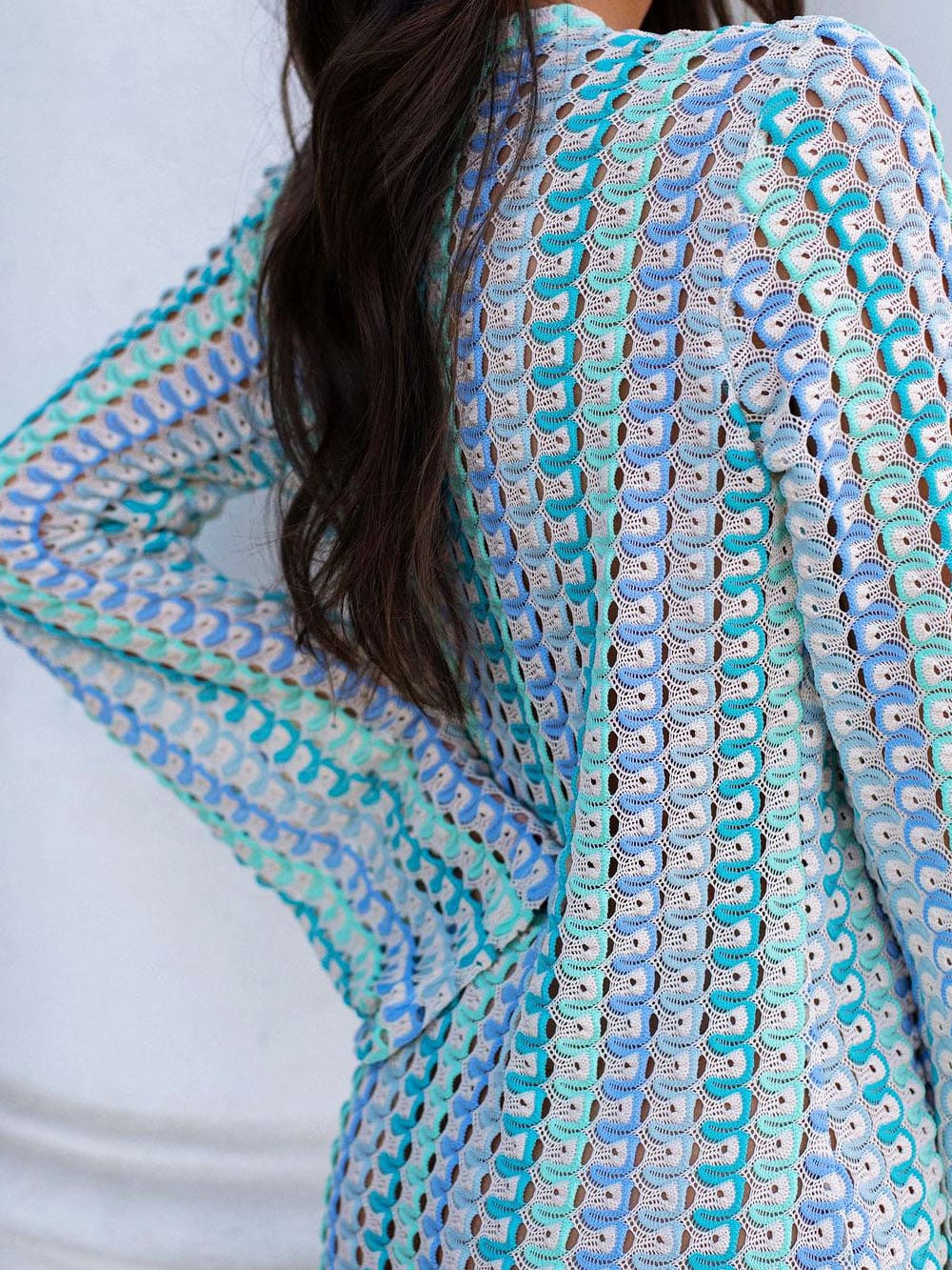 Boho V-Ausschnitt Glockenärmel Wellenförmig Gestreift Häkel Strand Urlaub Maxikleid - Blau