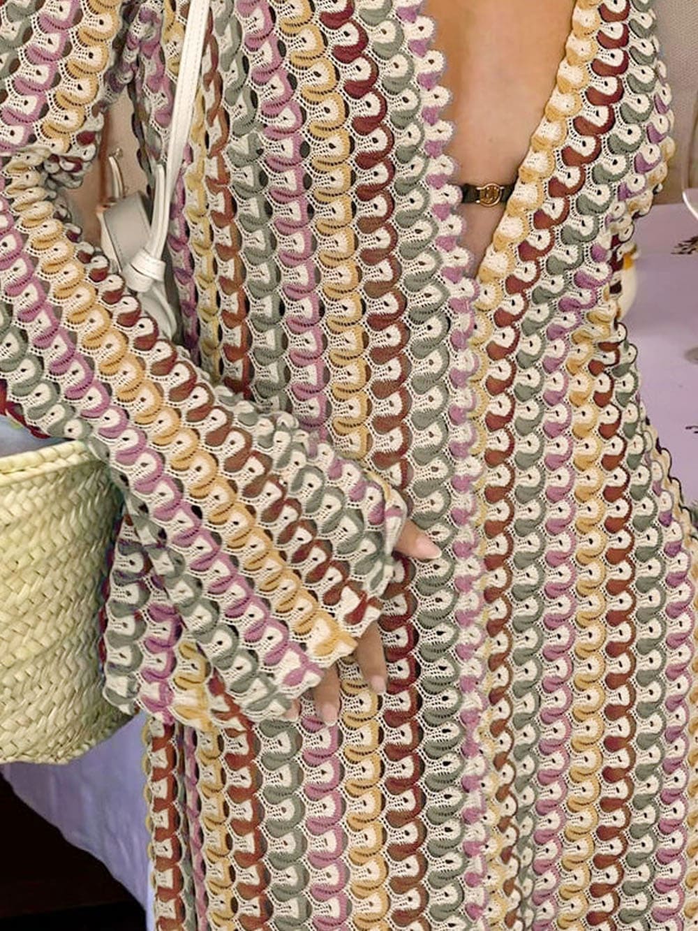 Boho V-Ausschnitt Glockenärmel Wellenförmig Gestreift Häkel Strandurlaub Maxikleid – Braun