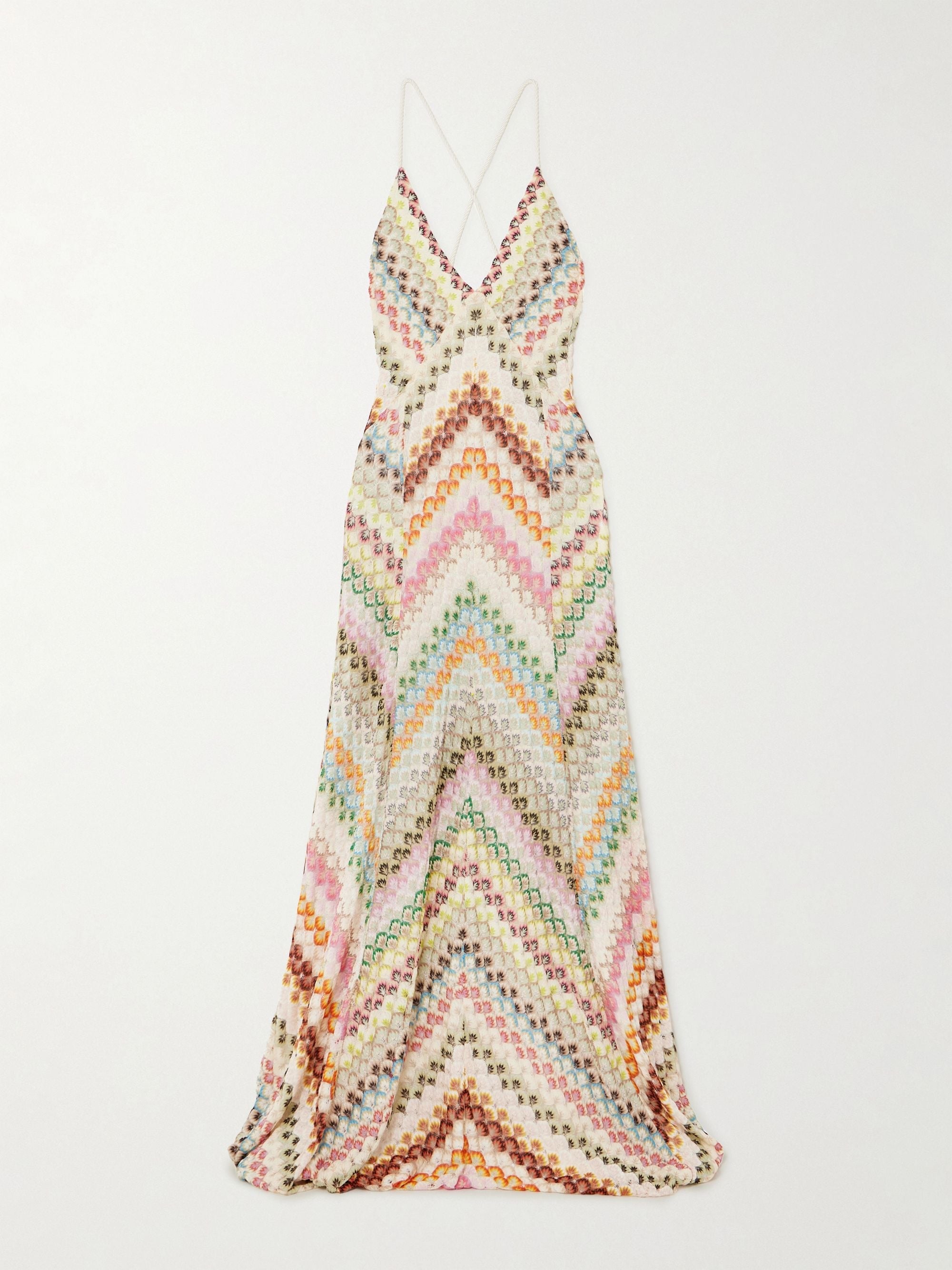 Gestricktes, farbenfrohes Fischgrätmuster Maxi-Kleid mit offenem Rücken