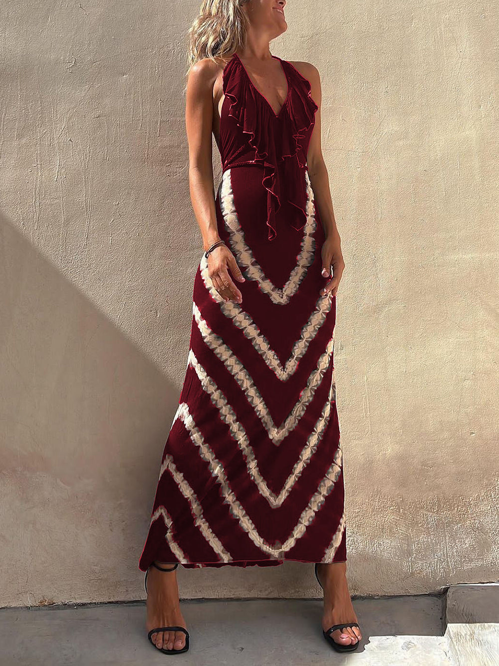 Paulawow Halter V-Ausschnitt Rüschen Drapierter Vorderteil Bedrucktes Maxikleid