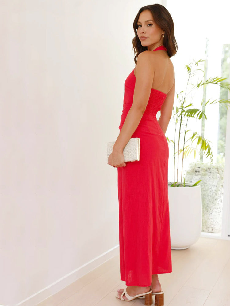 Lässiges ärmelloses, rückenfreies Neckholder-Midikleid in Unifarben