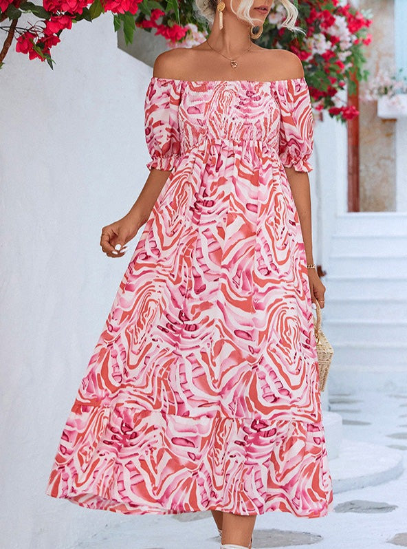 Gesmoktes schulterfreies Midikleid mit Print