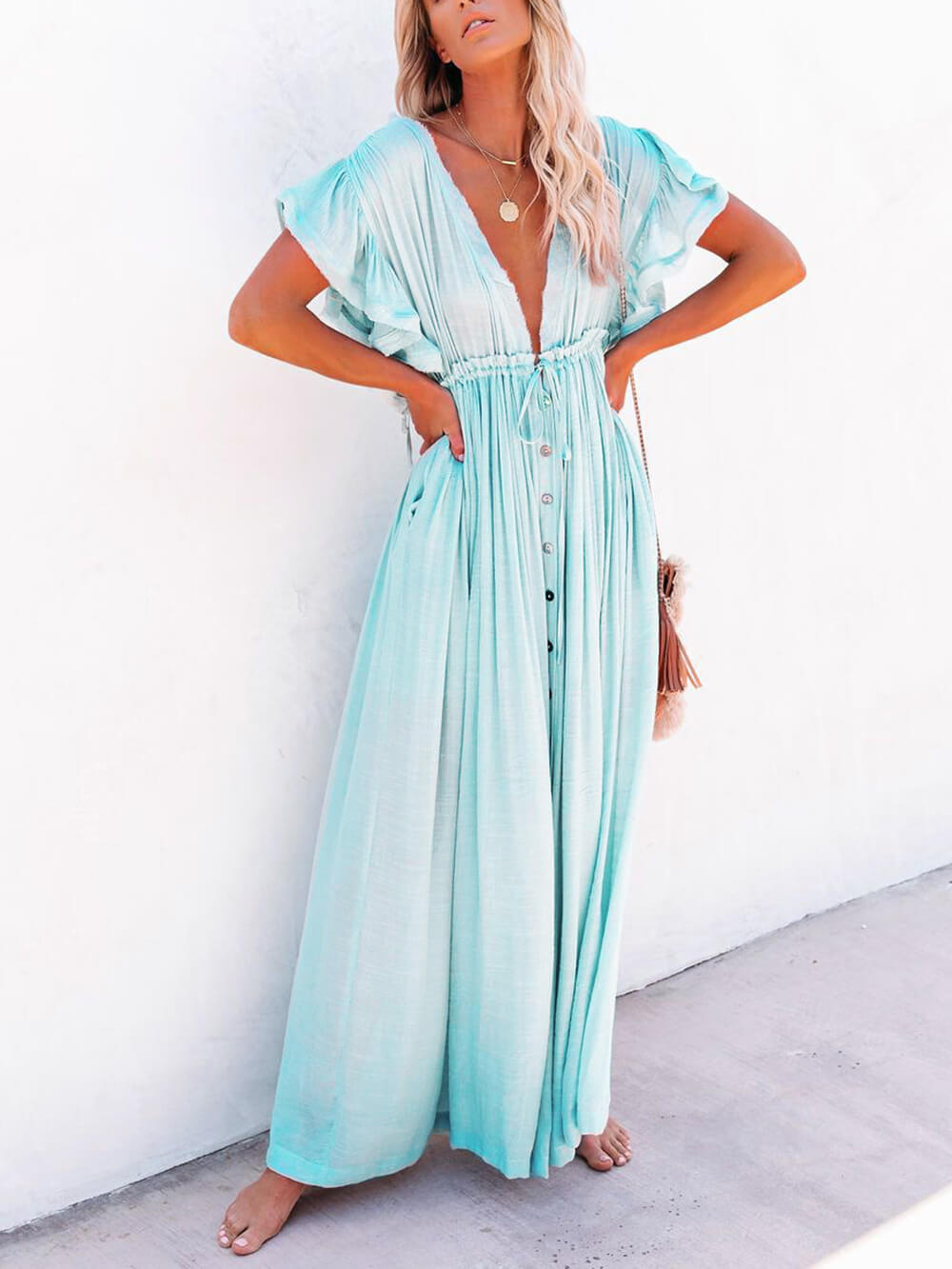 Knopf Baumwoll Leinen Perfektes Strand Boho Maxikleid