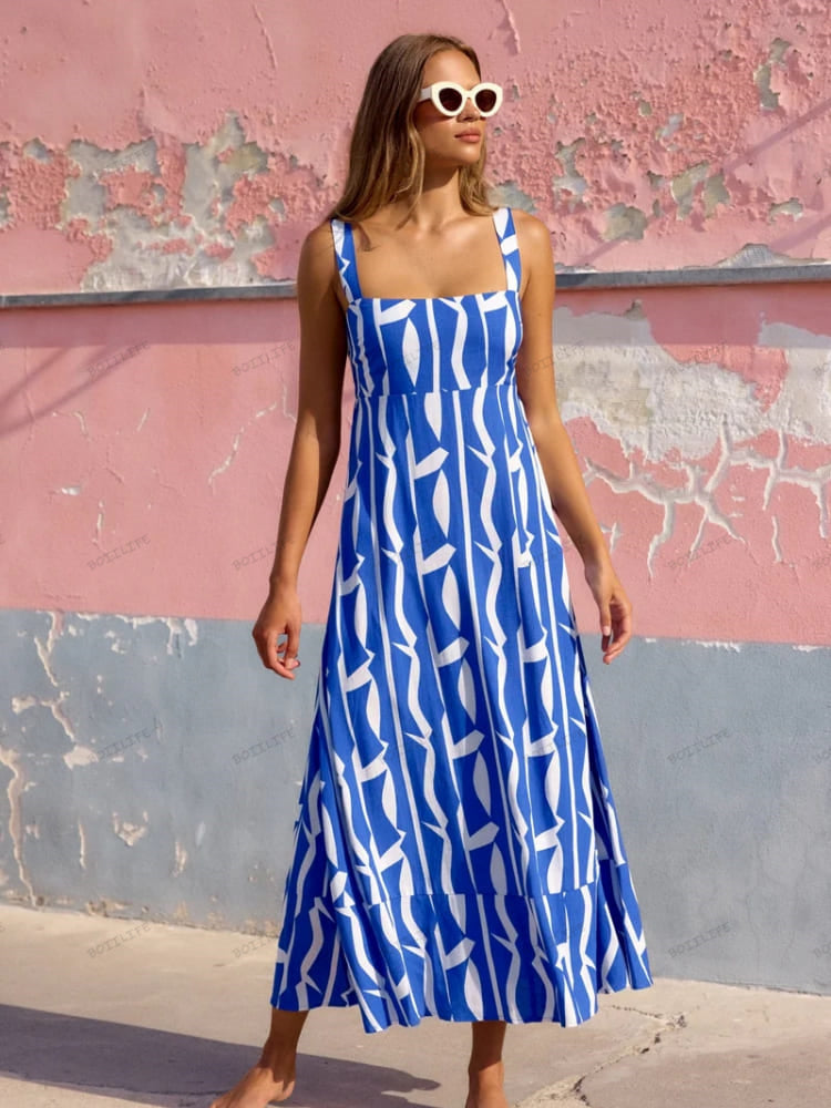 Französisches Maxikleid mit Blumenmuster im Urlaubsstil