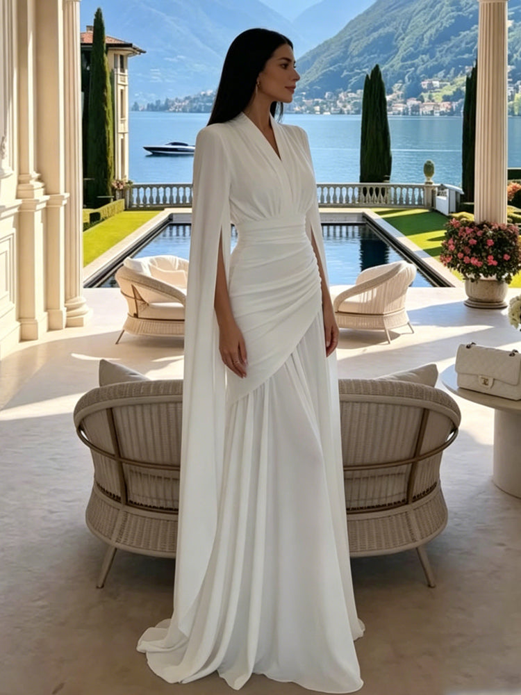 White Cape Sleeve Pleated Gown