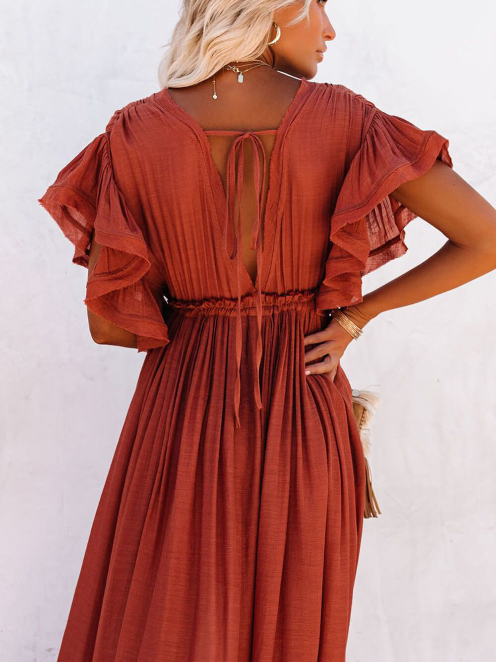 Knopf Baumwoll Leinen Perfektes Strand Boho Maxikleid