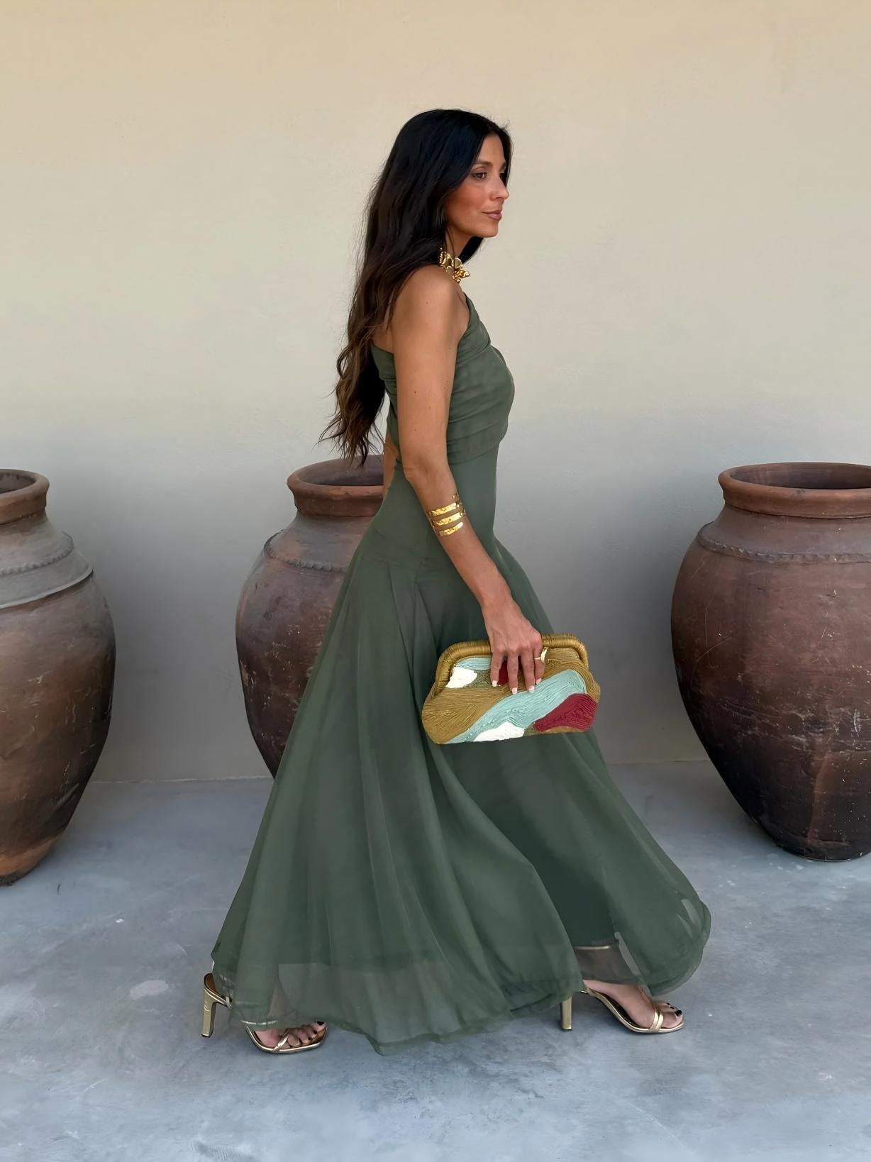 Toledo One Shoulder Mesh Maxikleid