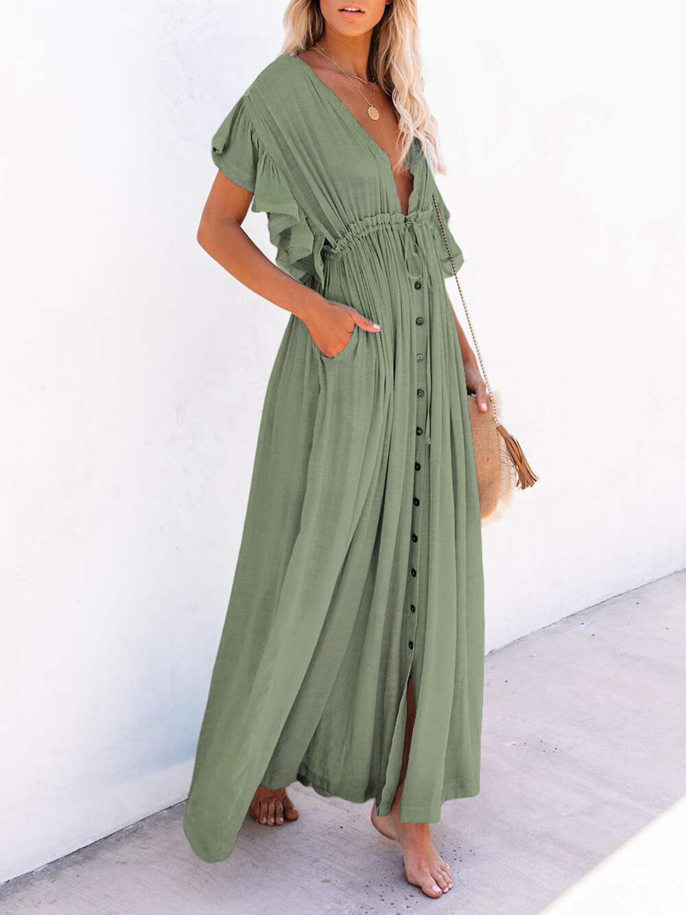 Knopf Baumwoll Leinen Perfektes Strand Boho Maxikleid