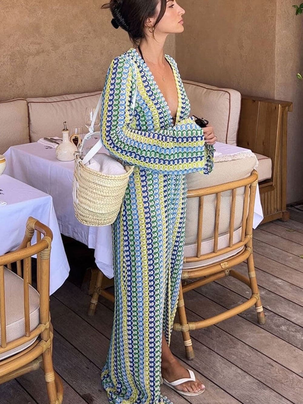 Boho V-Ausschnitt Glockenärmel Wellenförmiges Streifen-Häkel-Maxikleid für den Strandurlaub – Gelb
