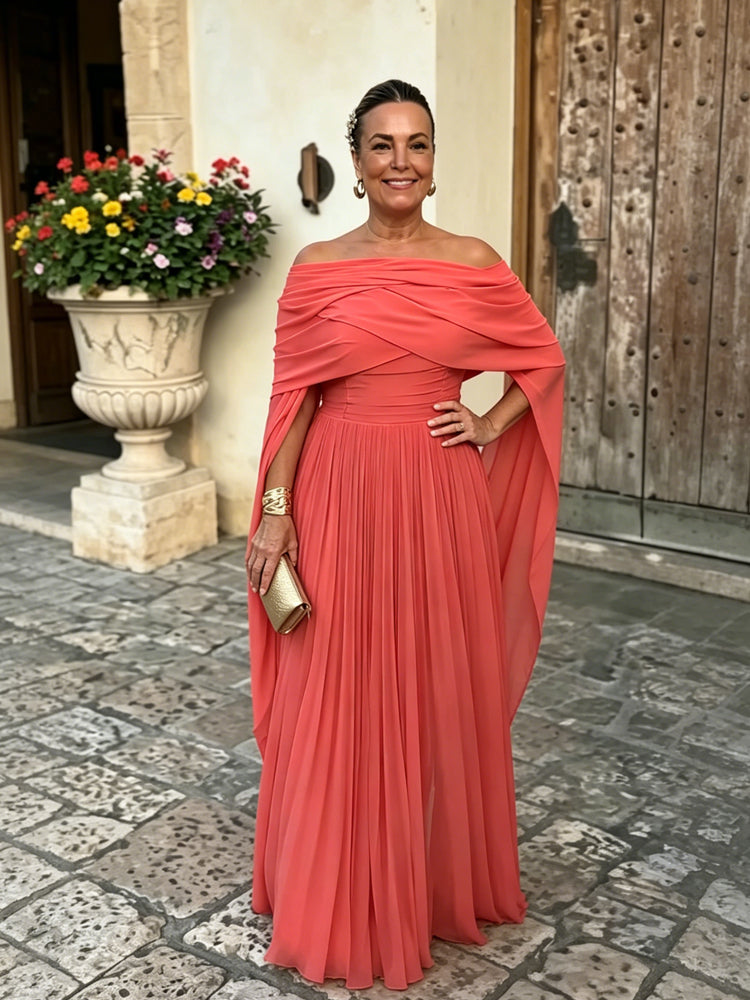 Off-Shoulder Chiffon Cape Sleeve Gown