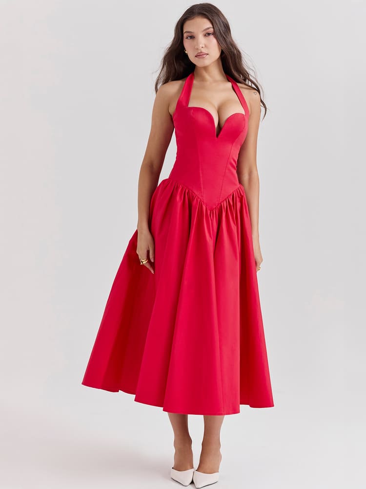 Neckholder-Midikleid mit Seitenschlitz – Scharlachrot