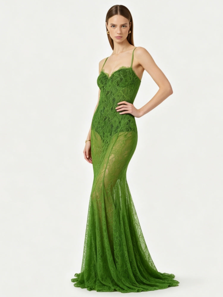Grünes, durchsichtiges Spitzen-Fischschwanzkleid