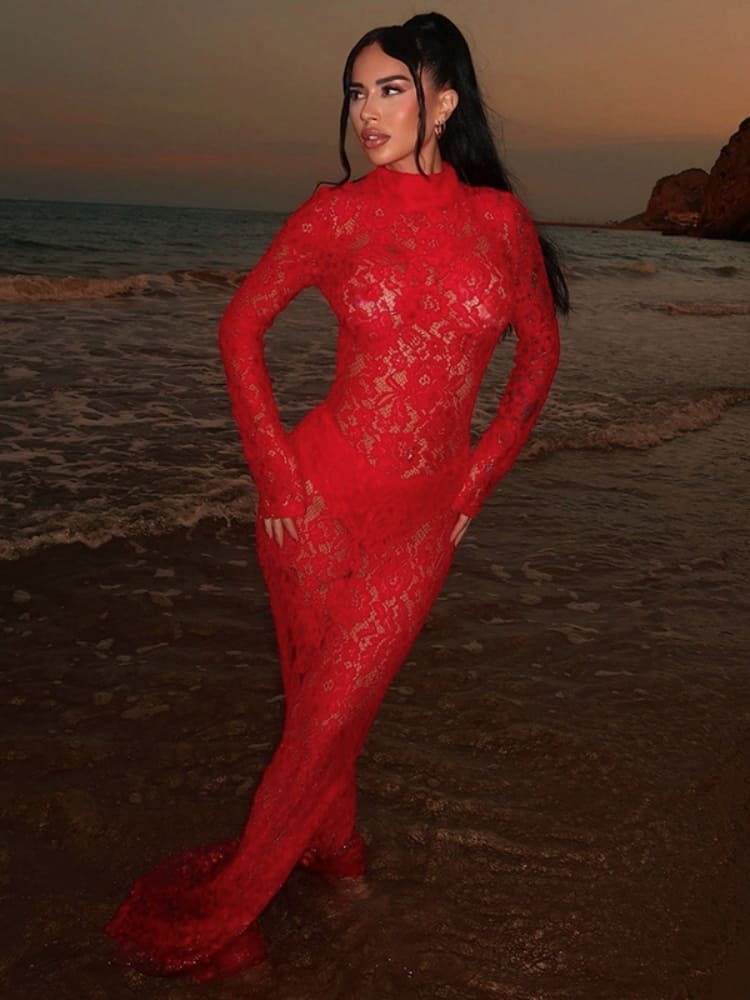 Durchsichtiges Spitzen-Rollkragenkleid