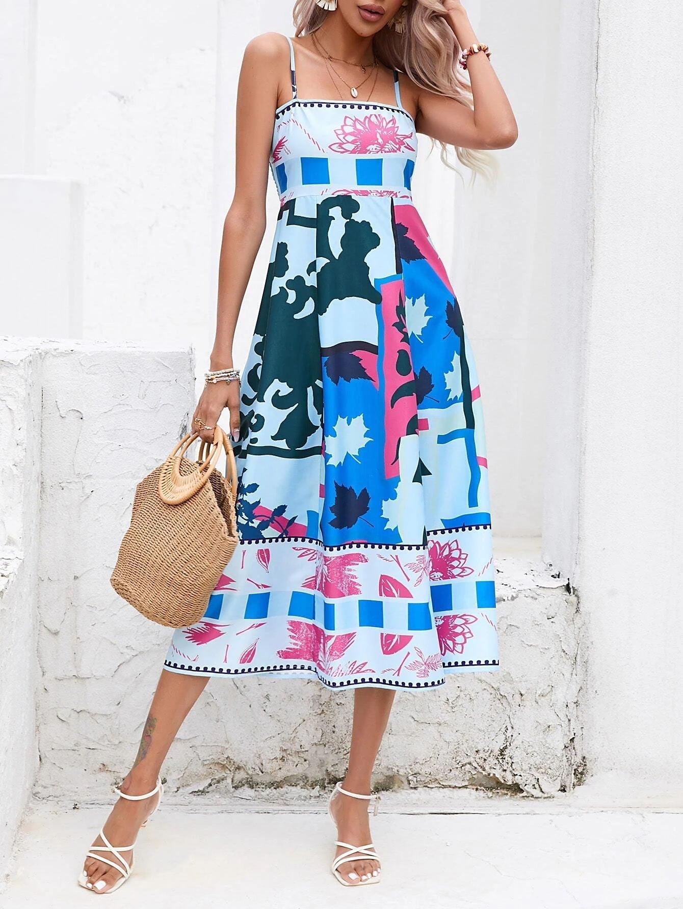 Patchwork-Slip-Maxikleid: Abstrakt bunt bedruckt