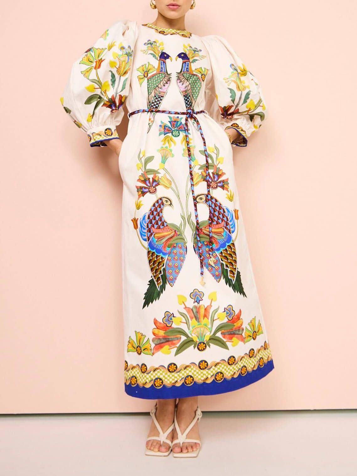Exquisites und lustiges bedrucktes Midi-Kleid mit Puffärmeln und lockerem Schnitt