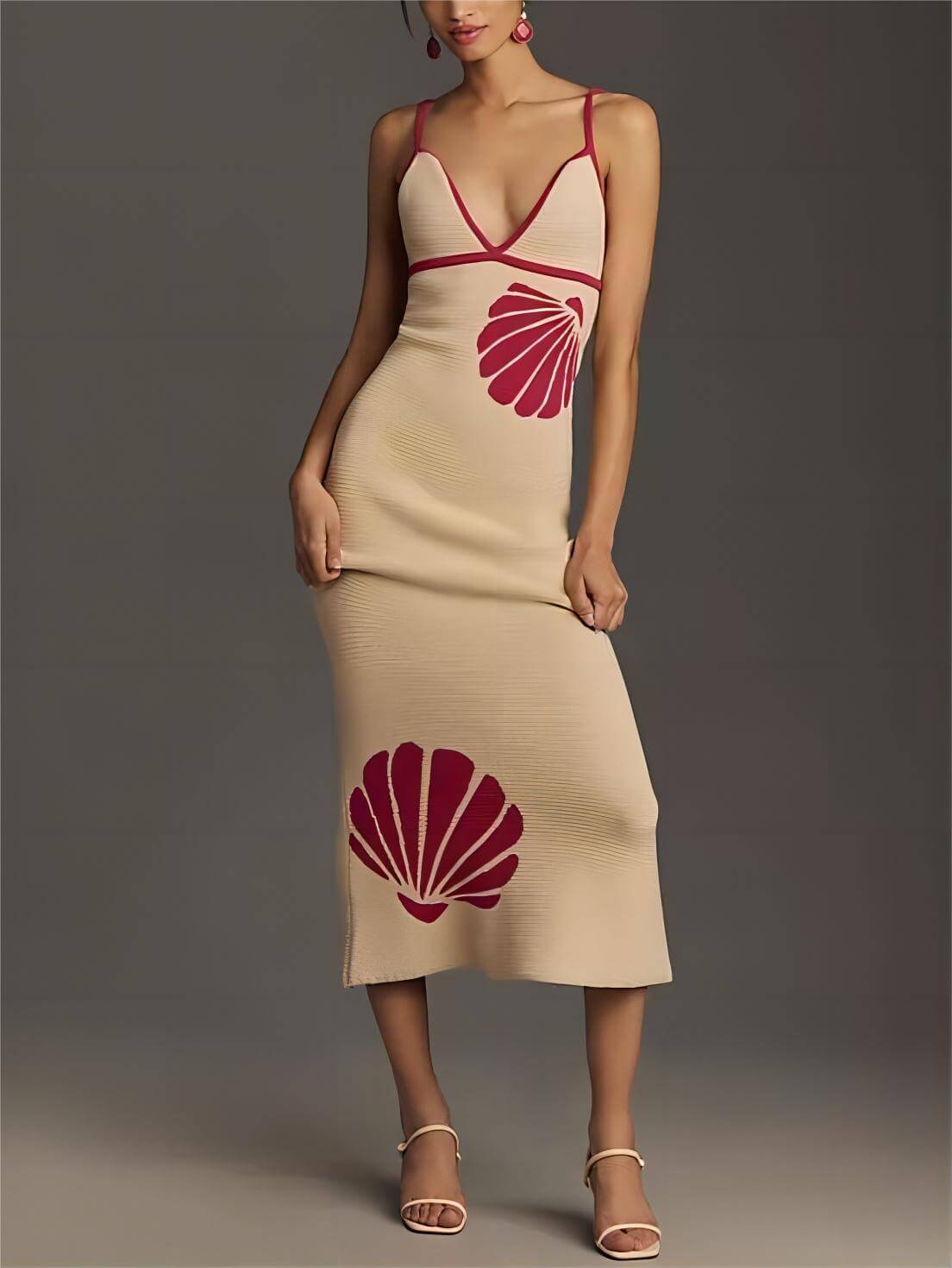 Gestricktes Neckholder-Trägerkleid mit V-Ausschnitt, rückenfrei, sexy Midikleid