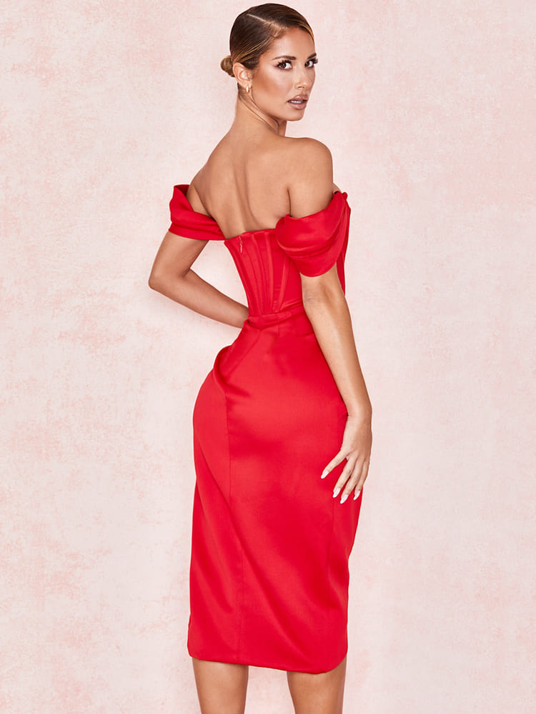 Schulterfreies Korsett-Midikleid mit körperbetontem Schnitt – Rot