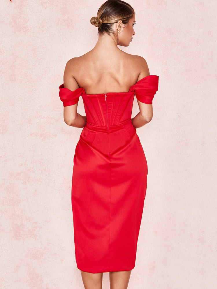 Schulterfreies Korsett-Midikleid mit körperbetontem Schnitt – Rot
