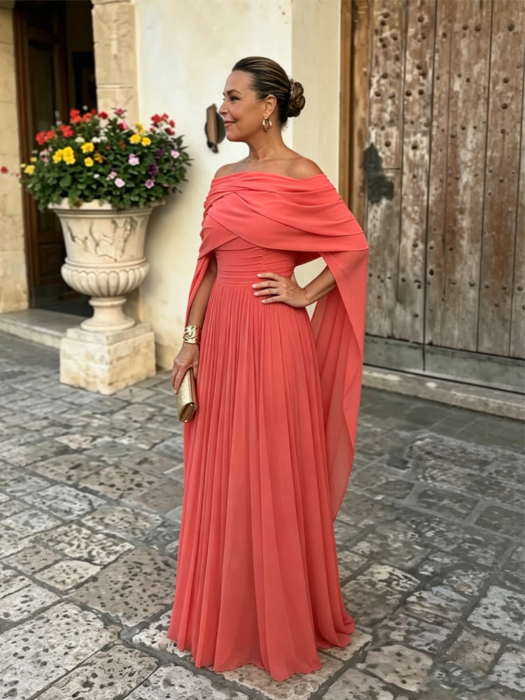 Off-Shoulder Chiffon Cape Sleeve Gown