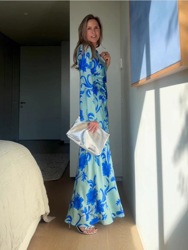 Asymmetrisches schulterfreies florales Maxikleid