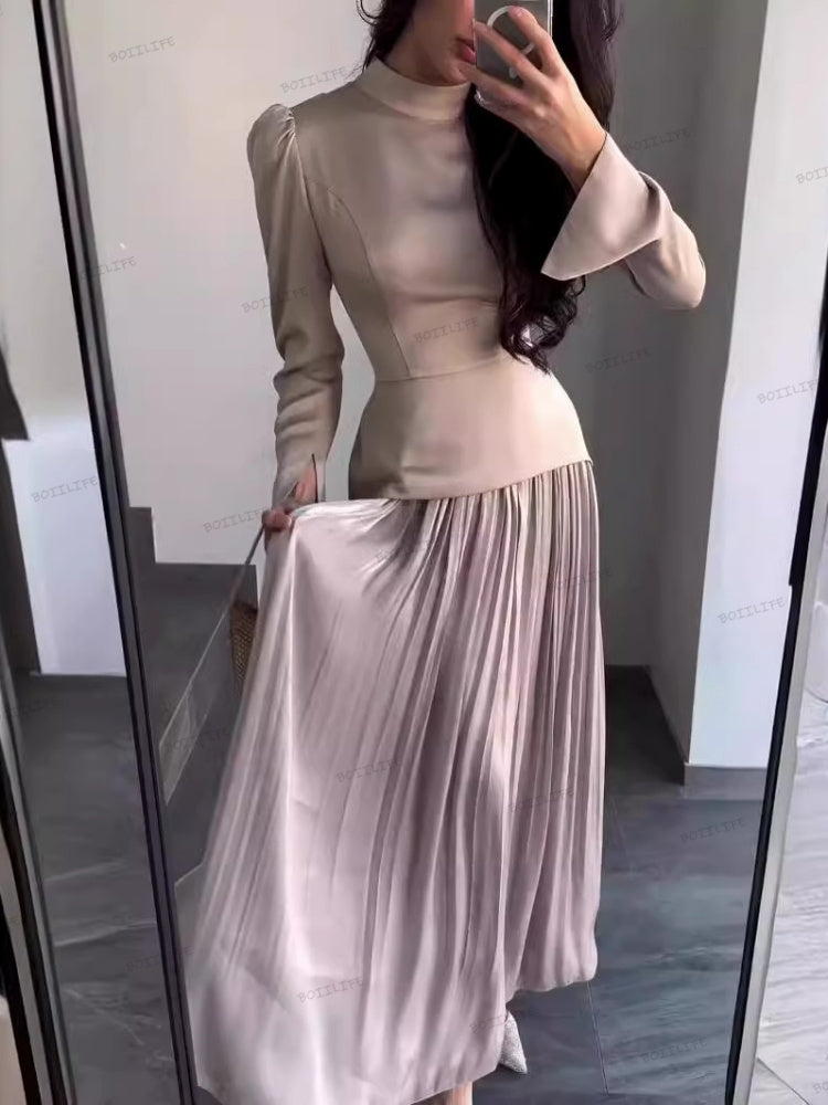 Color-Block-Splicing Slim-Fit Maxi-Kleid mit Schnürung und langen Ärmeln