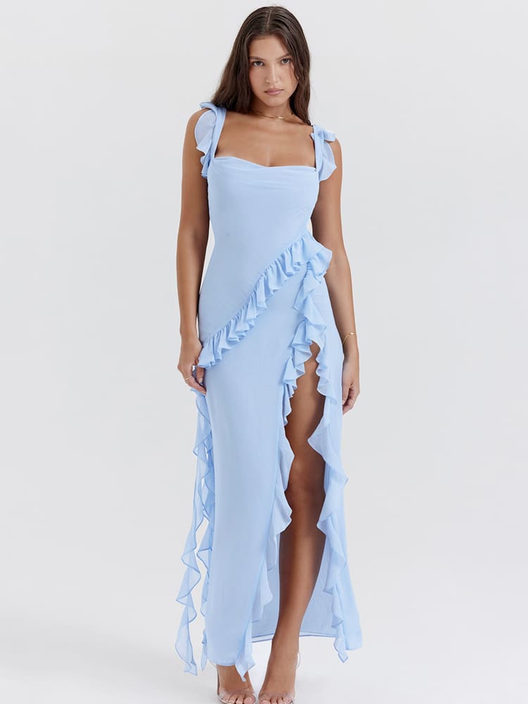 Rüschen-Latzkleid lang – Blau